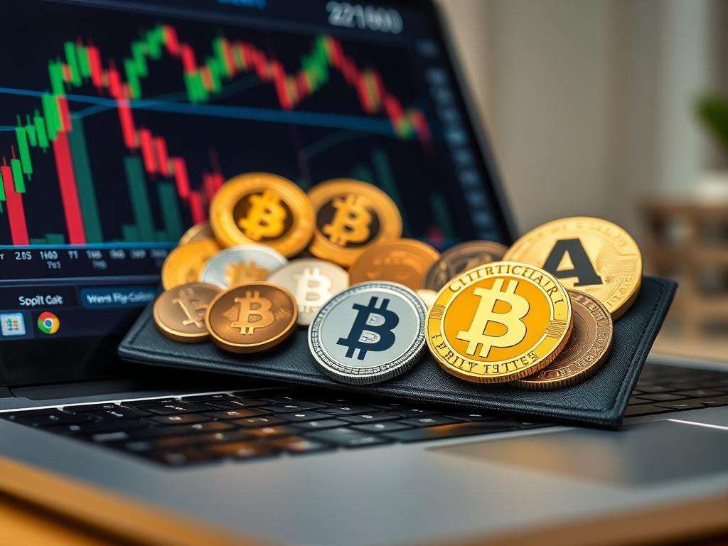 A close-up shot of a digital wallet displaying various cryptocurrencies, with a laptop and financial charts in the background. The image reflects innovation and the digital finance landscape.