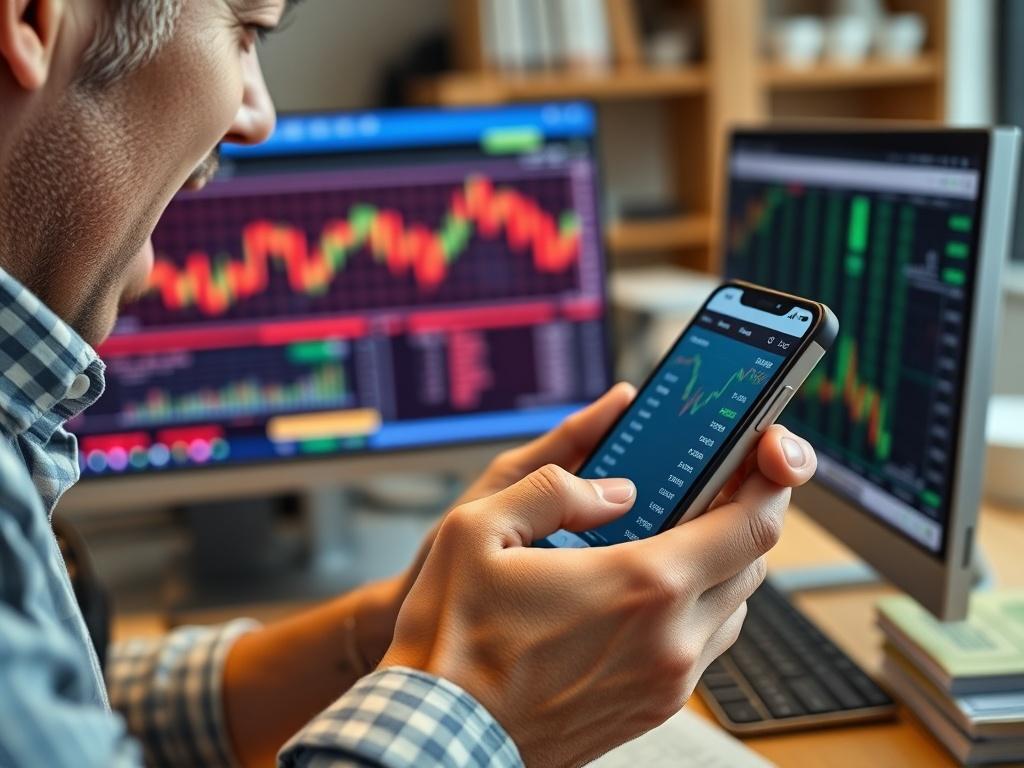 A close-up shot of a person excitedly checking stock prices on a mobile app, with a computer and financial books in the background. The scene conveys a modern and engaging trading environment.